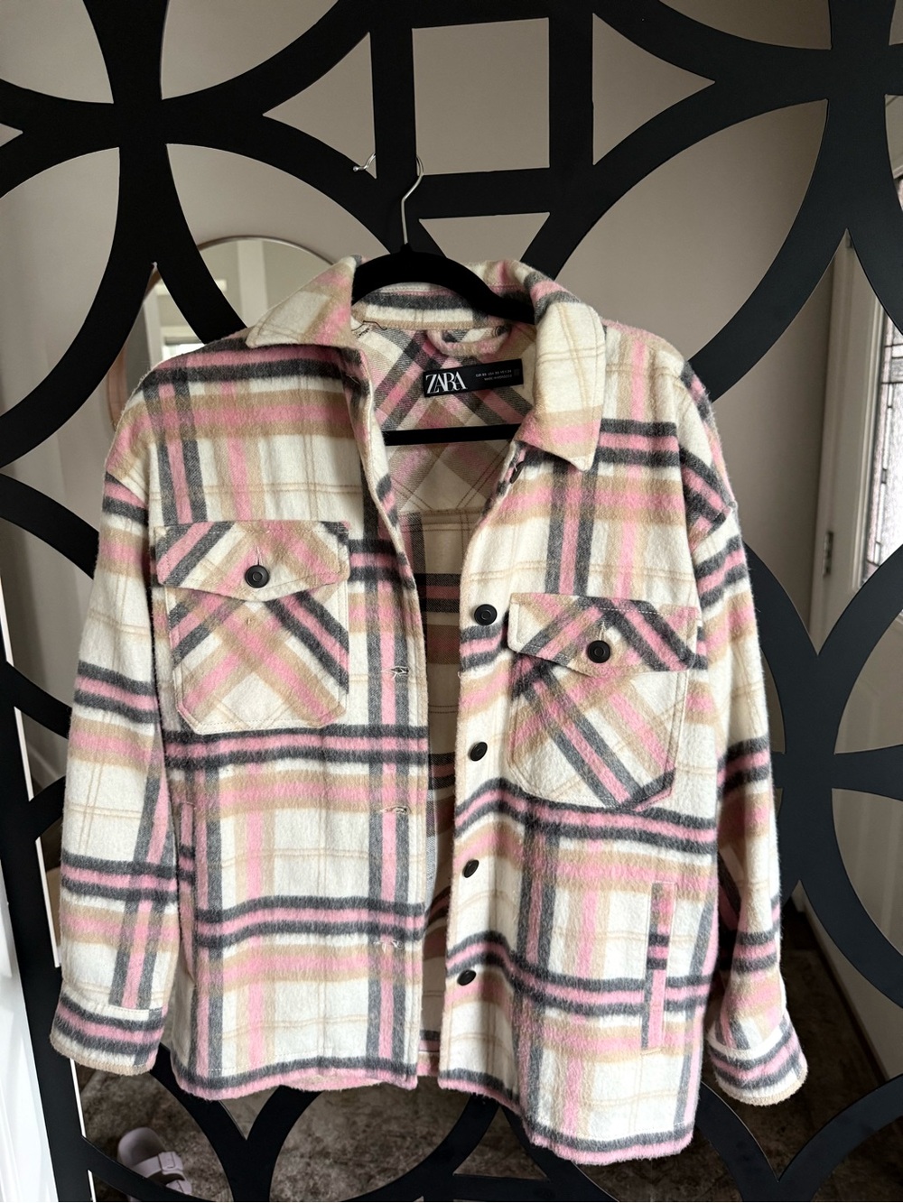 Zara Cream, Pink & Gray Plaid Teddy Shacket